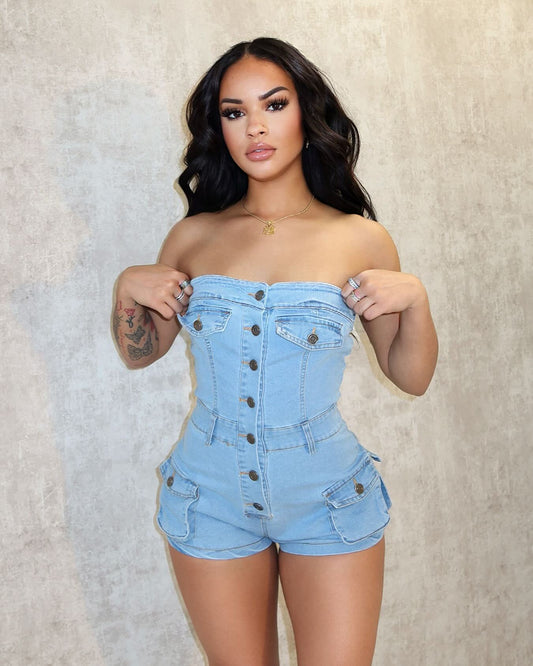 Summer Denim Jumpsuit Tube Top Stretch Romper