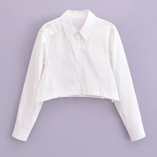 Camisa de manga larga blanca francesa para mujer, ropa de primavera, camisa de nicho, Top corto informal holgado