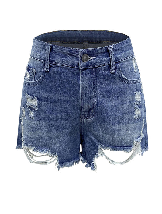 Bequeme Jeans-Shorts mit handausgefransten Quasten und Rissen für Damen