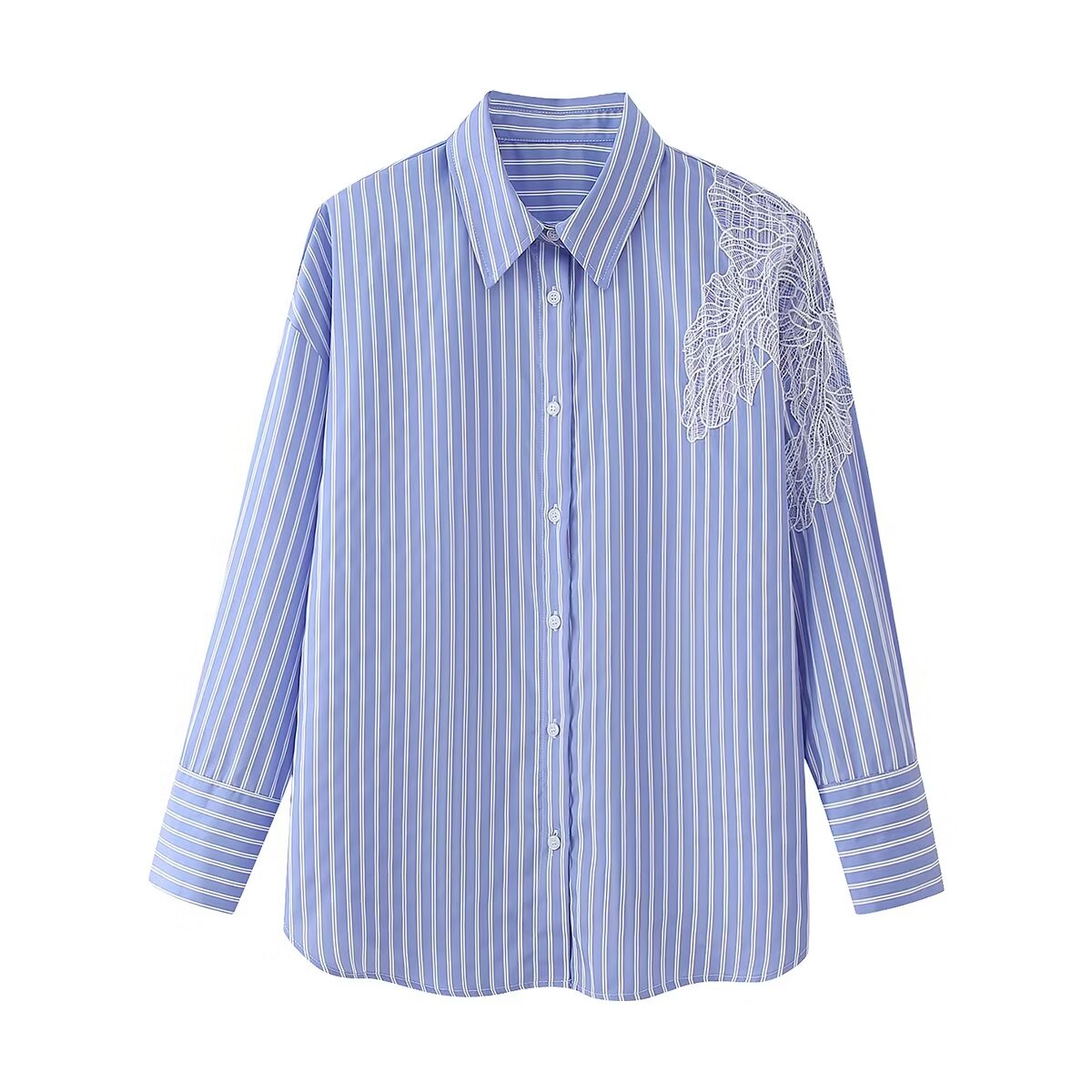 Spring Women Embroidered Floral Decorative Striped Shirt