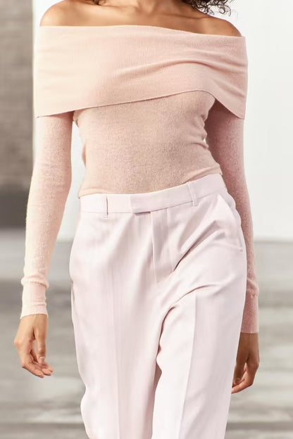 Women Clothing Gentle Collarbone off Shoulder Pink Sweater Women Spring Sweater Bottoming Shirt