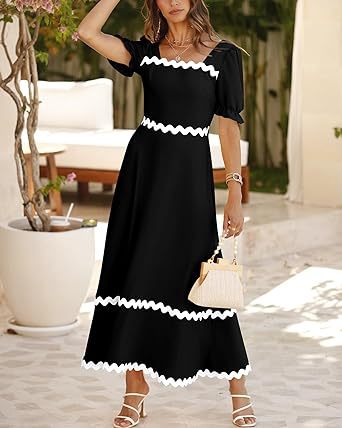 Women Clothing Square Collar Lace Back Pleating Puff Sleeve Dress