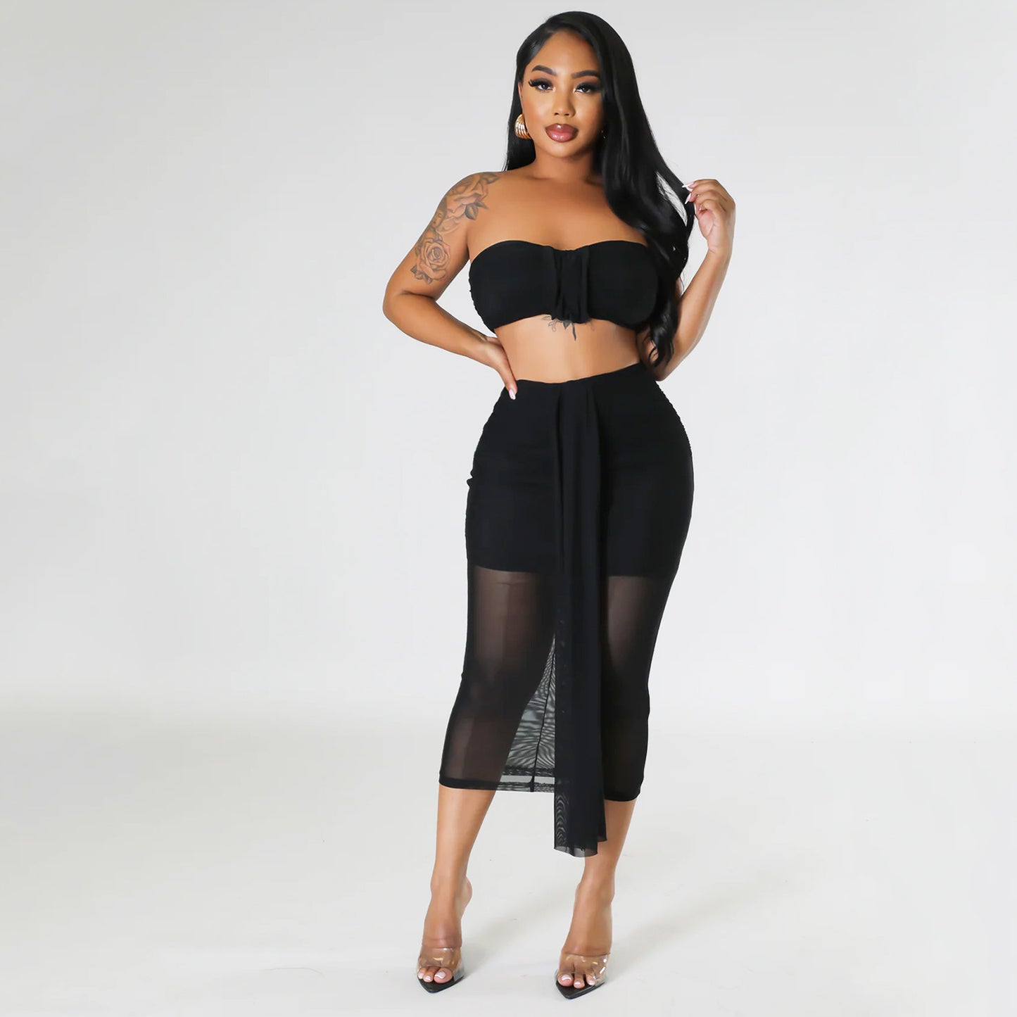 Summer Women Clothing Sexy Mesh See Through Wrapped Chest Skirt Two Piece Set