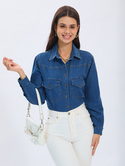 Primavera Verano Denim camisa vendaje vestido pequeño suelto manga larga Top Mujer