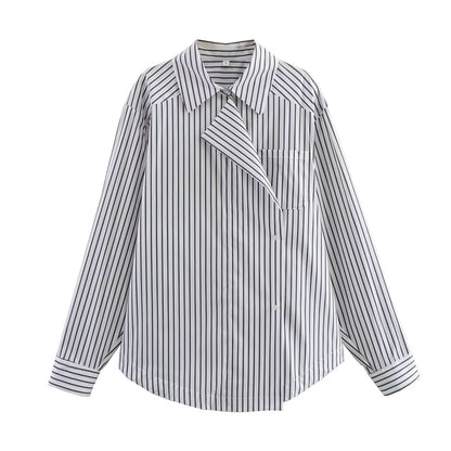 Camisa a rayas de algodón con cuello camisero de nicho de minoría francesa de primavera