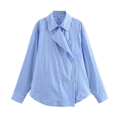 Camisa a rayas de algodón con cuello camisero de nicho de minoría francesa de primavera