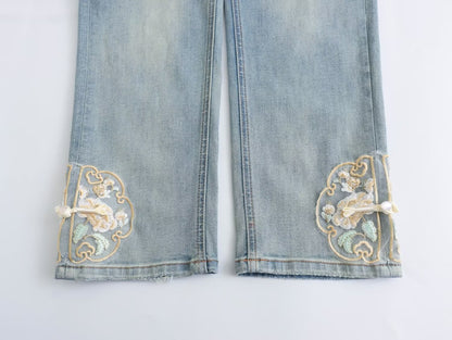 Spring Women Clothing Chinese Traditional Embroidered Patch High Elastic Cropped Pants Straight Jeans