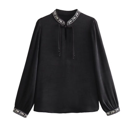 Spring Chinese Traditional Retro Elegant Jacquard Satin Embroidered Handmade Buttonhole Loop Puff Sleeve Long Sleeve Shirt