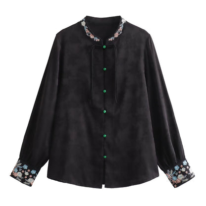 Spring Women Clothing Chinese Traditional Trendy Stand Collar Embroidery Handmade Buckle Long Sleeve Jacquard Satin Shirt Top