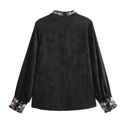 Spring Women Clothing Chinese Traditional Trendy Stand Collar Embroidery Handmade Buckle Long Sleeve Jacquard Satin Shirt Top