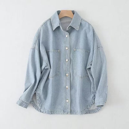 Women Clothing French Casual Loose Collared Long Sleeves Denim Shirt