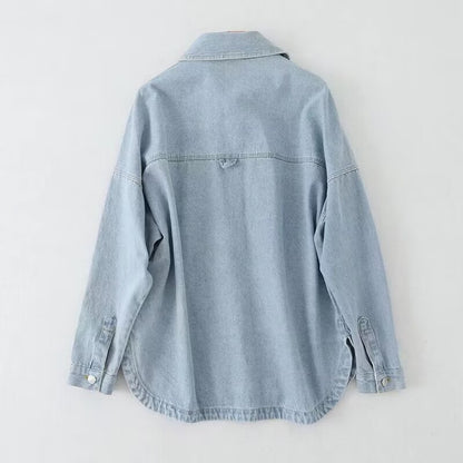 Women Clothing French Casual Loose Collared Long Sleeves Denim Shirt