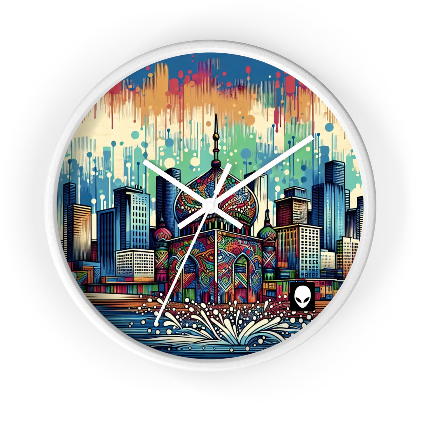 "Bright City: Ein Farbtupfer in der Skyline" - Die Alien Wanduhr im Street Art / Graffiti Style