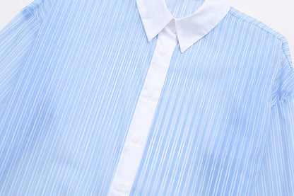 Refreshing French Classic Blue White Striped Contrast Color Loose Long Sleeve Shirt Autumn