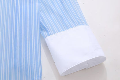 Refreshing French Classic Blue White Striped Contrast Color Loose Long Sleeve Shirt Autumn