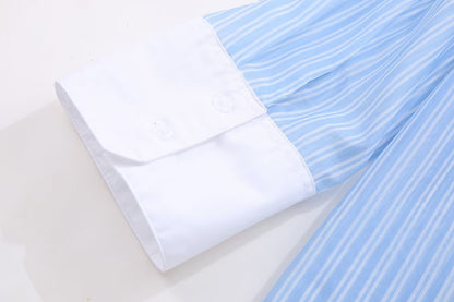 Refreshing French Classic Blue White Striped Contrast Color Loose Long Sleeve Shirt Autumn