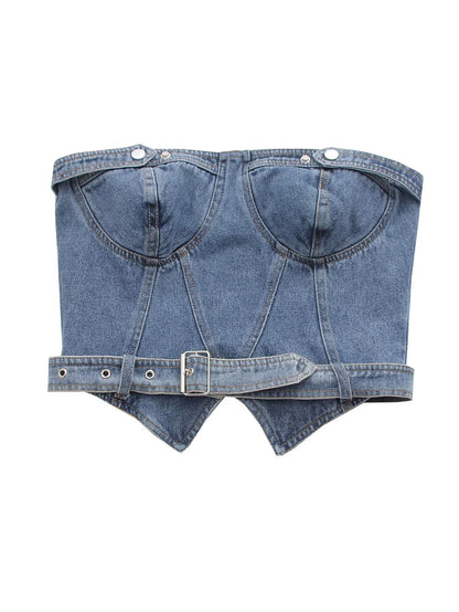 Women Clothing Slim Fit Belt Denim Tube Top