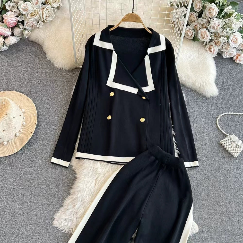Women Spring and Autumn Chanel Style Fashion suit Long sleeved Contrast V neck Knitted Cardigan High Waist Straight Wide Leg Pants Knitted suit