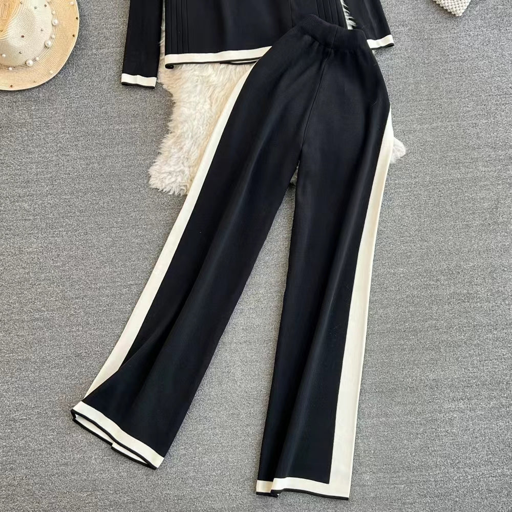 Women Spring and Autumn Chanel Style Fashion suit Long sleeved Contrast V neck Knitted Cardigan High Waist Straight Wide Leg Pants Knitted suit