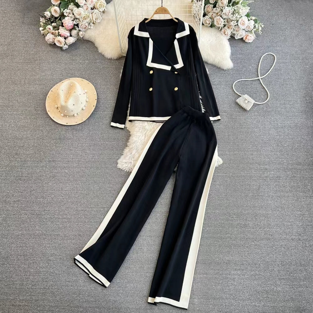 Damen Frühling und Herbst Chanel Style Modeanzug Langärmliger Kontrast V-Ausschnitt Strickjacke Hohe Taille Gerade Hose mit weitem Bein Strickanzug