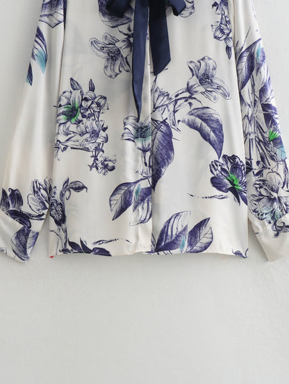 Camisa estampada con decoración de lazo francés para mujer