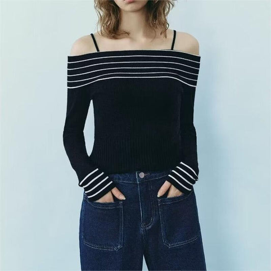 Women Clothing French Navy Off Neck Slim Sweater Chic