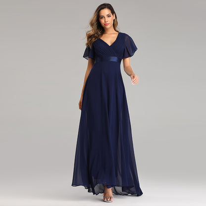 Handgefaltetes großes Kleid mit V-Ausschnitt, Chiffon, elastisch, Bankett, Brautjungfern-Abendkleid für Damen