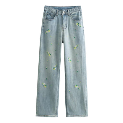 Patent Chinese Embroidery Skin Friendly Design Straight Women Jeans