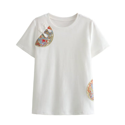 Spring Summer Short Sleeves T shirt round Neck Half Sleeve Embroidery Loose