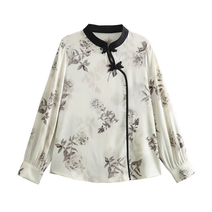 Spring Chinese Women Shirt Retro Pangu Buckle Chinese Long Sleeve Sense of Design Shirt