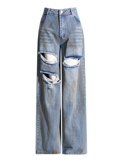 Spring Niche Design Mid Waist Personality Ripped Edging Painted Long Denim Wide Leg Pants for Women