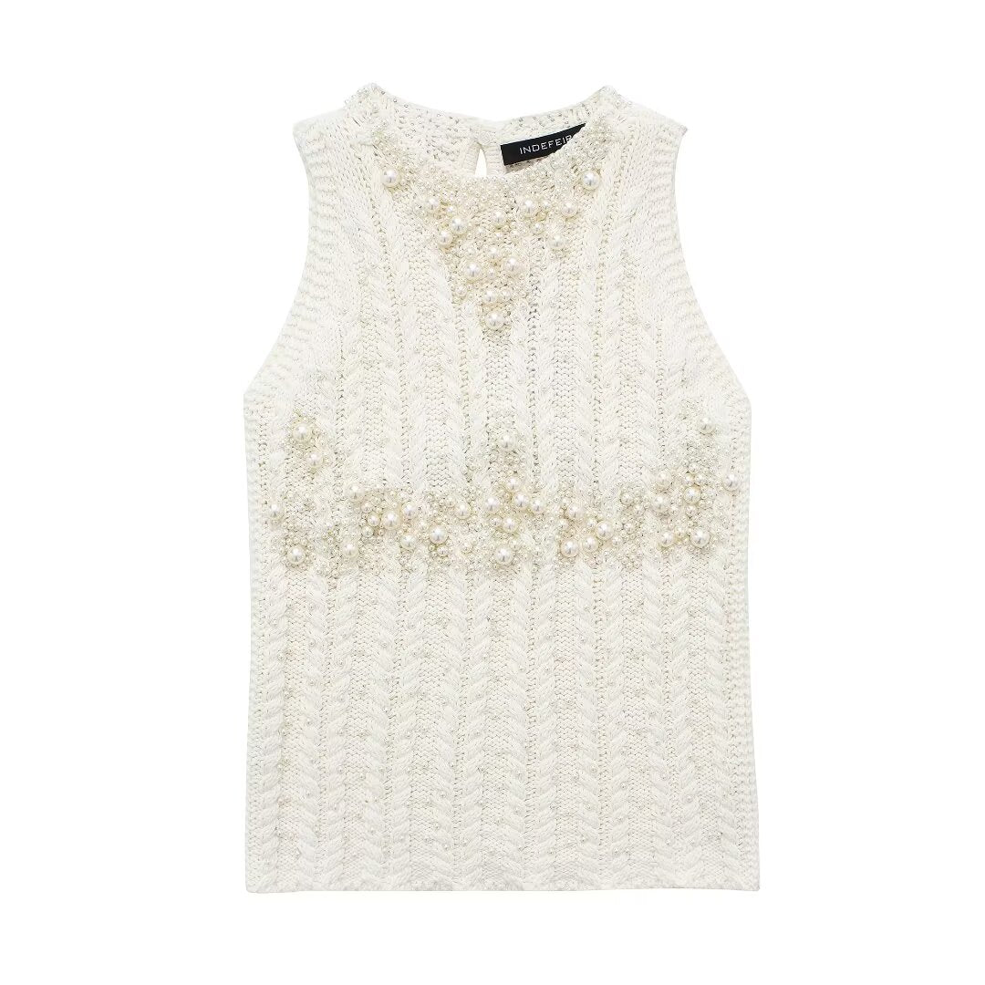 Women Clothing Women Artificial Pearl Inlaid Knitted Top