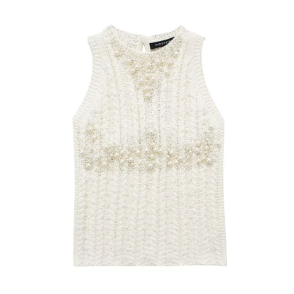 Women Clothing Women Artificial Pearl Inlaid Knitted Top