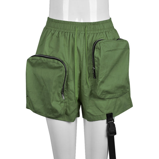 Women Clothing Summer Multi Zipper Bag Elastic Waist Casual Shorts