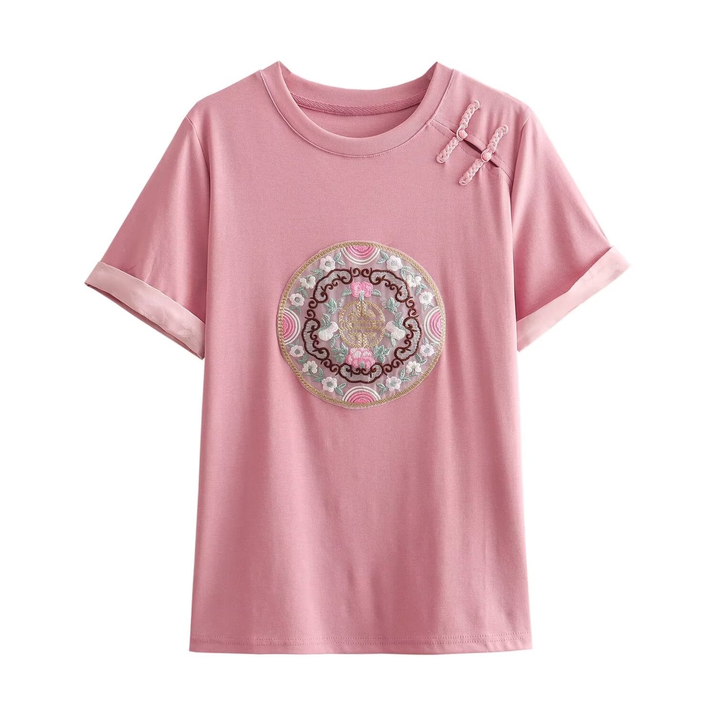 Frühling Damen Kleidung National Schnalle Organza bestickt Patch Baumwolle gestrickt T-Shirt