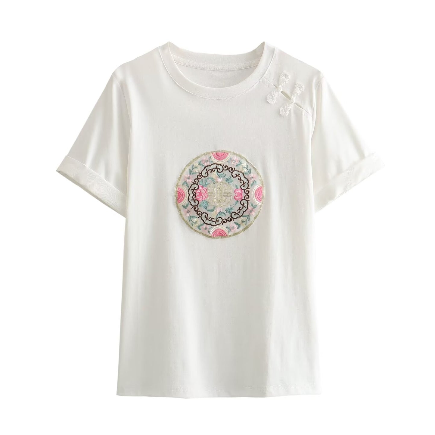 Spring Women Clothing National Buckle Organza Embroidered Patch Cotton Knitted T shirt