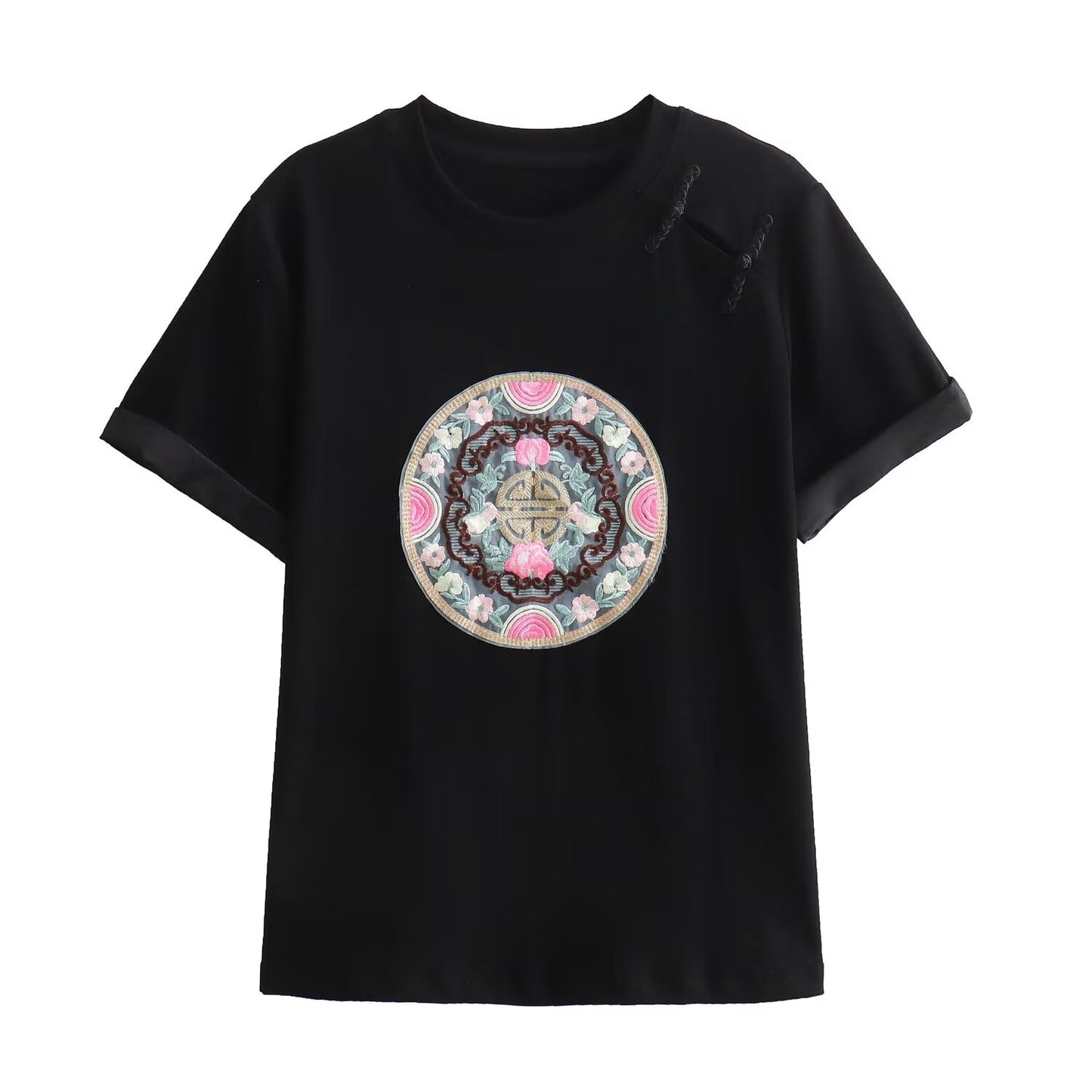 Frühling Damen Kleidung National Schnalle Organza bestickt Patch Baumwolle gestrickt T-Shirt