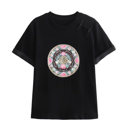 Spring Women Clothing National Buckle Organza Embroidered Patch Cotton Knitted T shirt