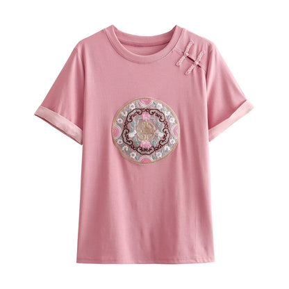 Camiseta de punto de algodón con parche bordado de Organza con hebilla nacional para mujer, ropa de primavera