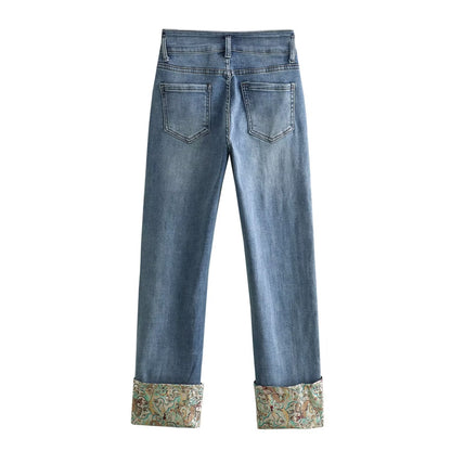 Spring Summer Chinese High Quality Vintage Satin Patch Slim Slimming Cropped Jeans