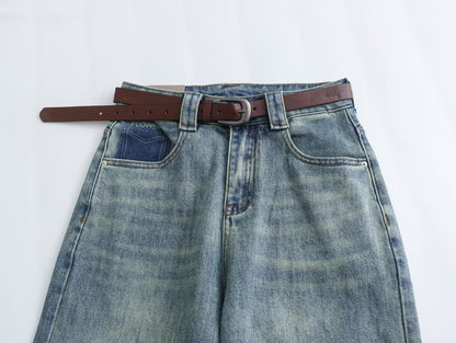 Frühlings-Damenbekleidung, traditionelle chinesische Spitzen-Patch-Bördel-Jeans mit weitem Bein, verkürzte Hose