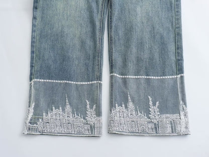 Spring Women Clothing Chinese Traditional Lace Patch Flanging Denim Wide Leg Cropped Pants