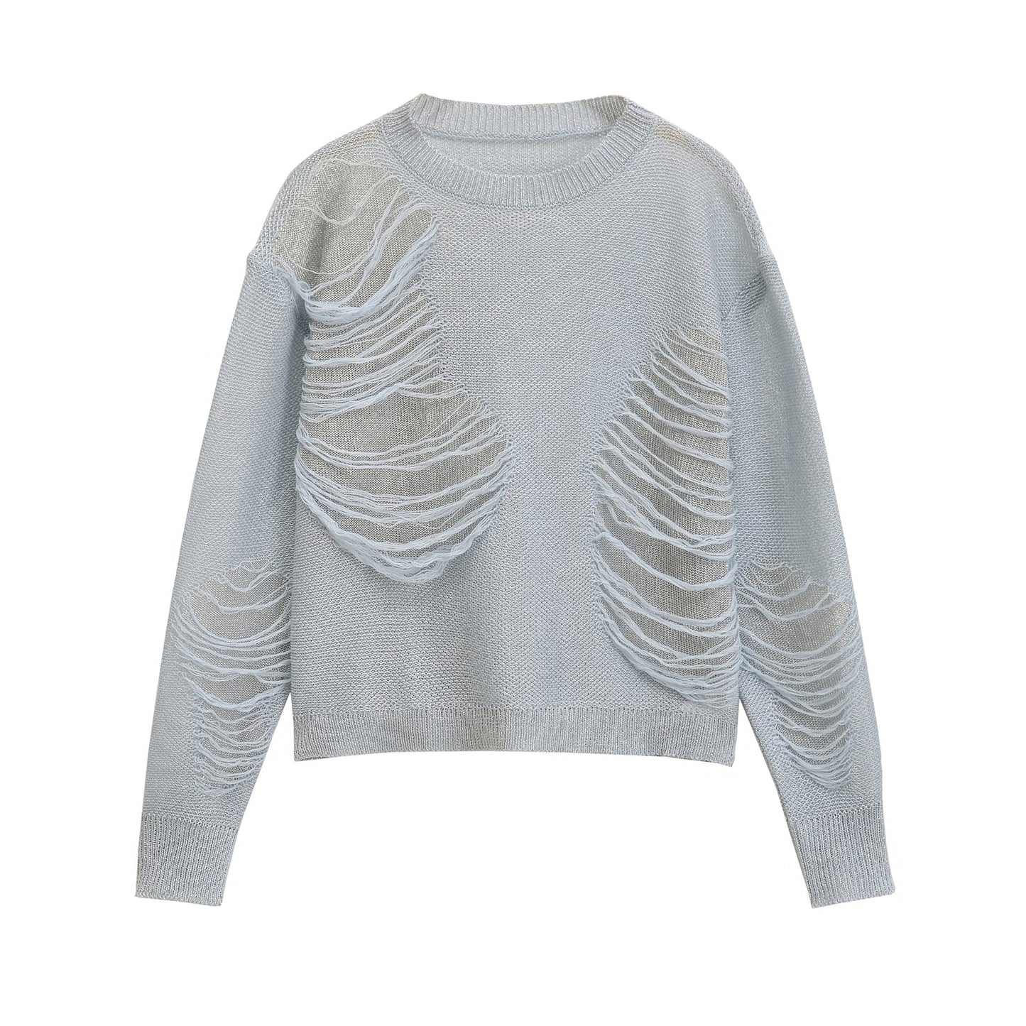 Spring Women Street Round Neck Ripped Decorative Knitwear