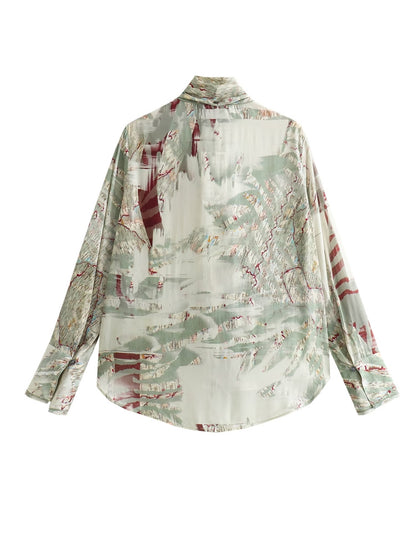 Top de camisa estampado de manga larga con cuello de lazo suelto de primavera para mujer