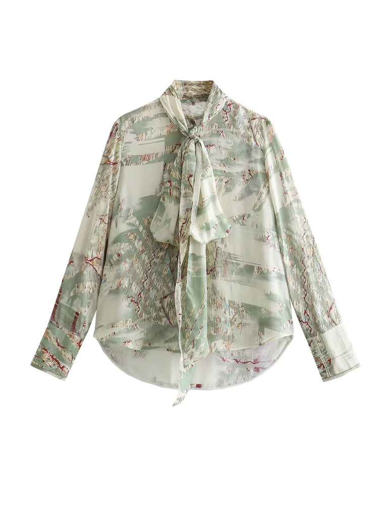 Top de camisa estampado de manga larga con cuello de lazo suelto de primavera para mujer