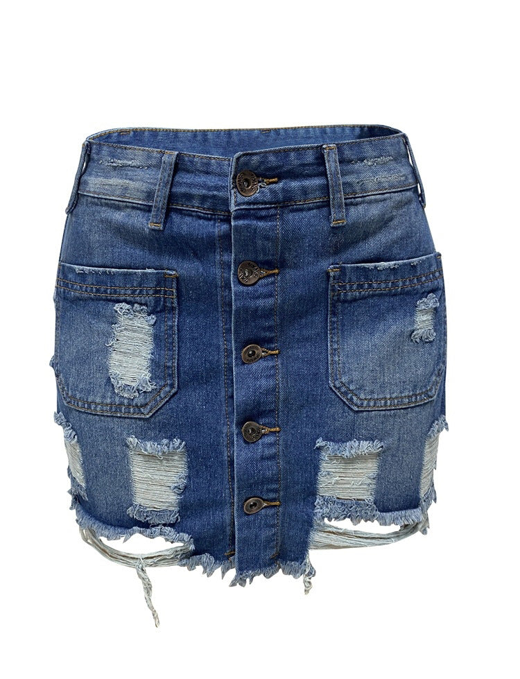 Frühling Sommer Breasted Denim Rock Frauen Ripped Skinny Hip Rock Kurzer Rock