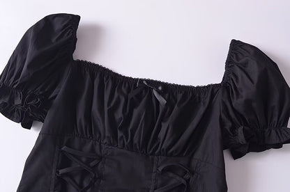 Sommer Damen Kleidung Puffärmel Quadratischer Kragen Schnürung Kurze Weste Top