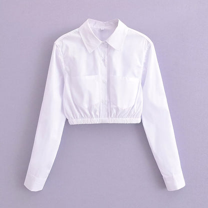 Women Clothing Spring Summer Pure White Elegant Collared Poplin Short Cropped Shirt Top