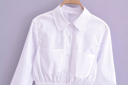 Damenbekleidung Frühling Sommer Reinweiß Elegantes Popeline-Kurzes Cropped-Shirt mit Kragen