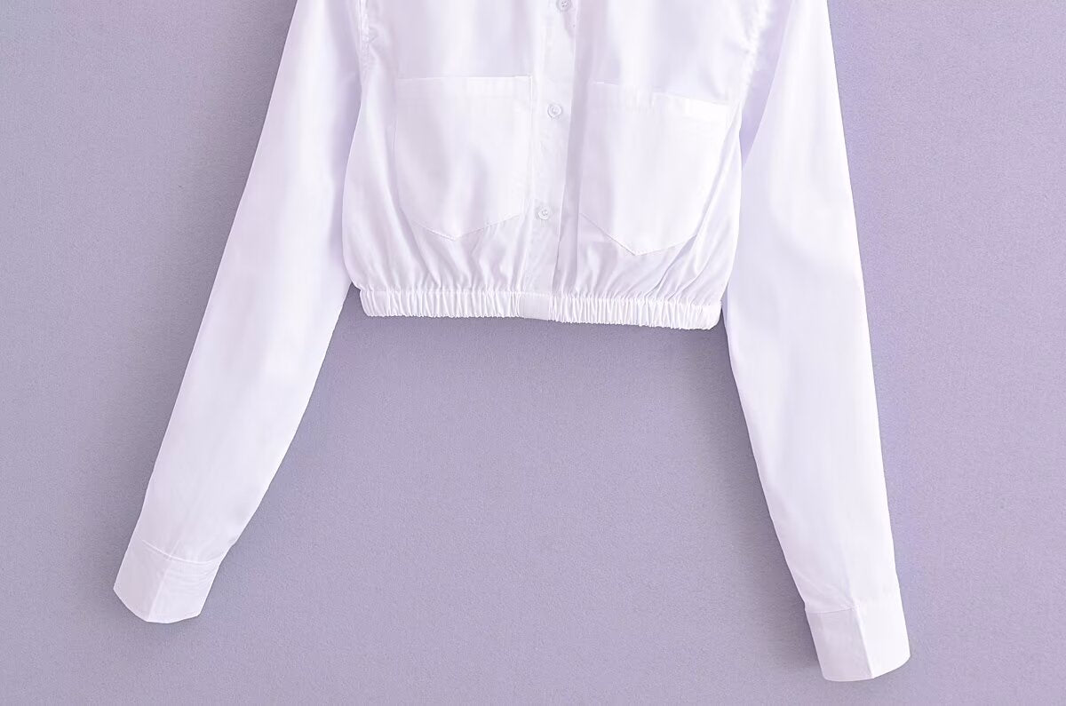 Women Clothing Spring Summer Pure White Elegant Collared Poplin Short Cropped Shirt Top